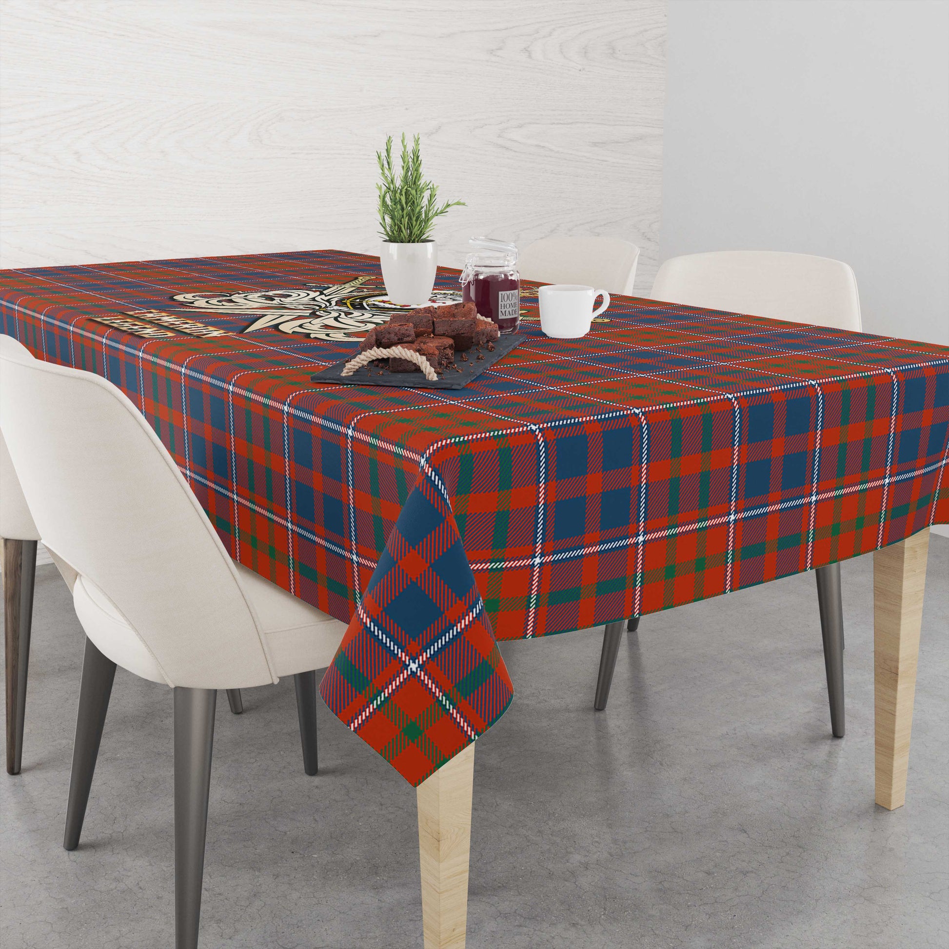 Tartan Vibes Clothing Cameron of Lochiel Ancient Tartan Tablecloth with Clan Crest and the Golden Sword of Courageous Legacy