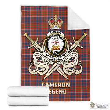 Cameron of Lochiel Ancient Tartan Blanket with Clan Crest and the Golden Sword of Courageous Legacy