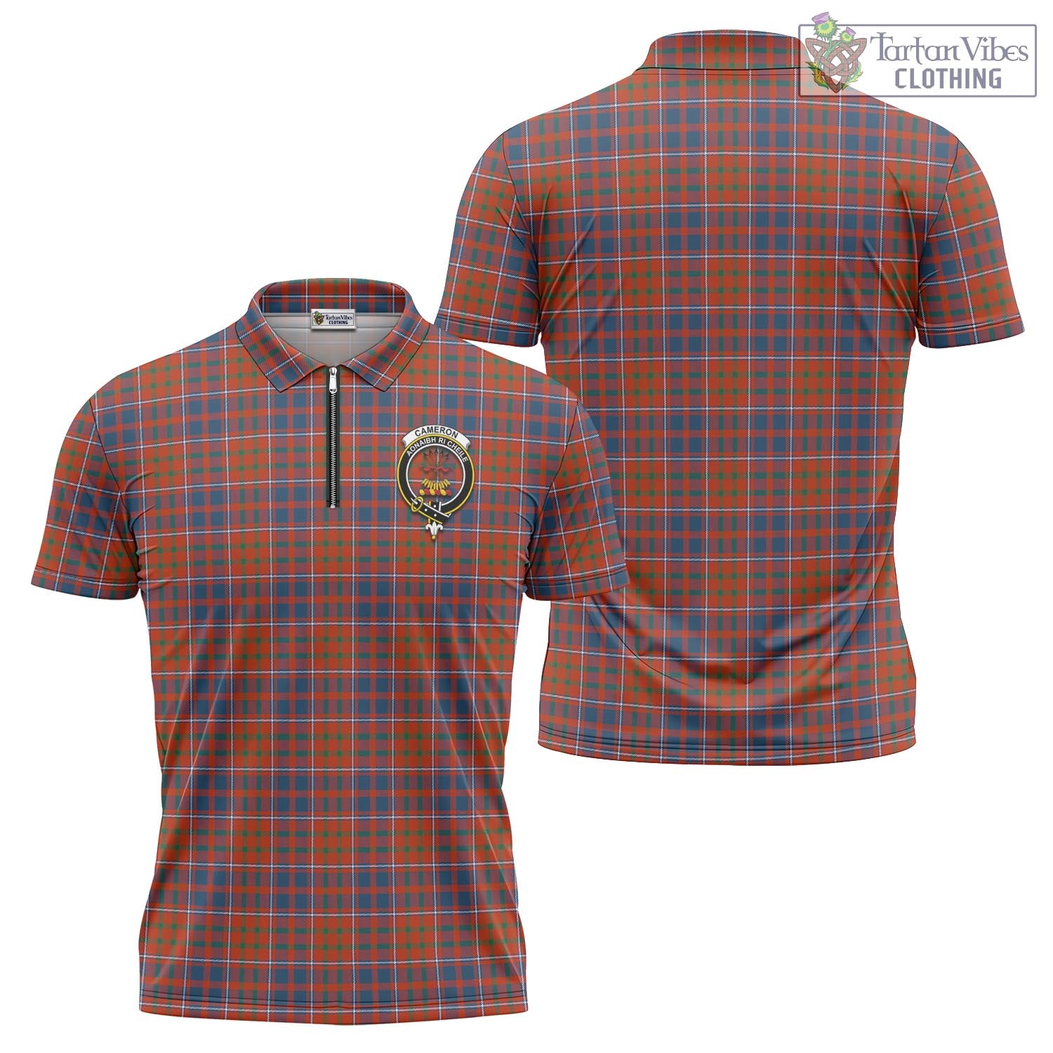 Tartan Vibes Clothing Cameron of Lochiel Ancient Tartan Zipper Polo Shirt with Family Crest