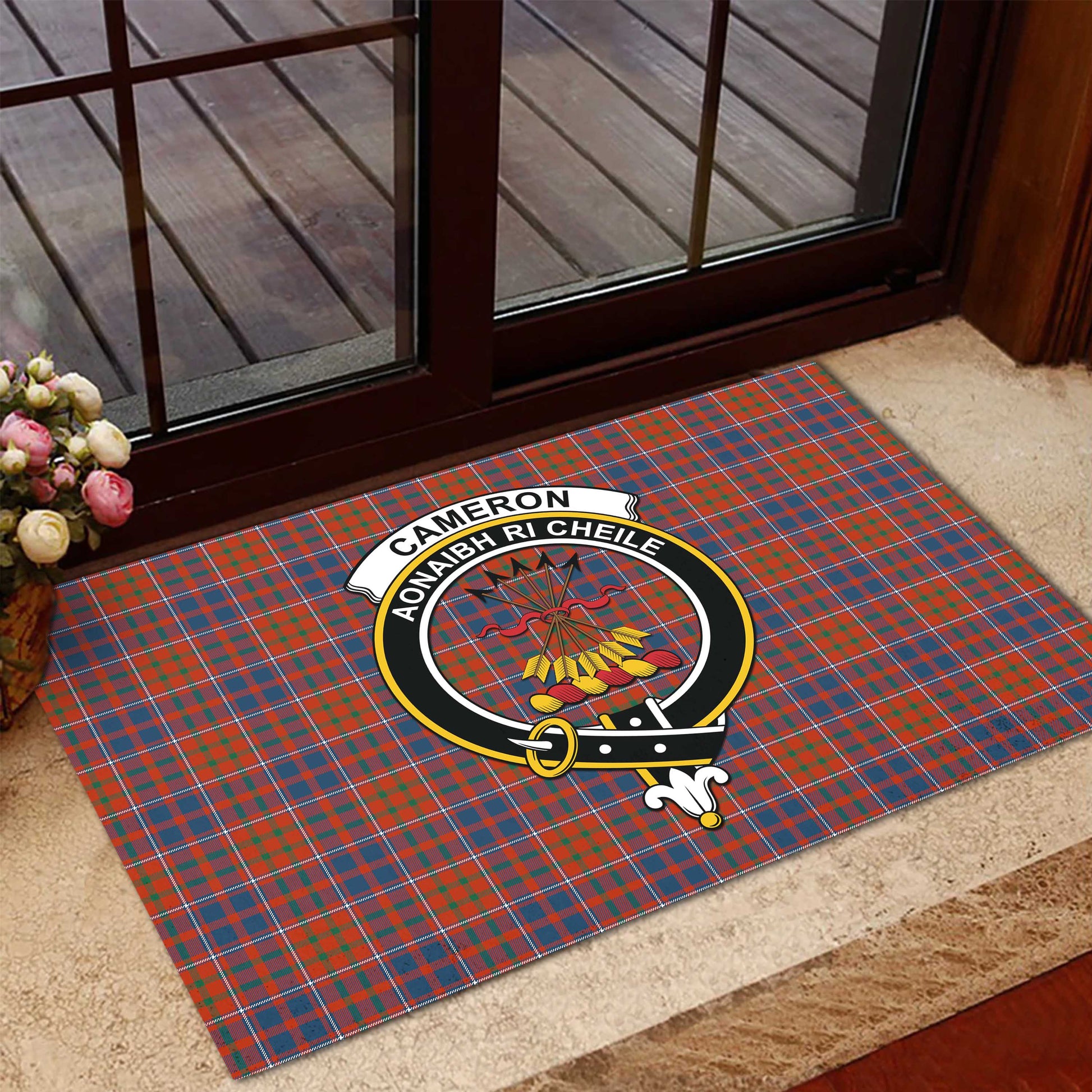 Cameron of Lochiel Ancient Tartan Door Mat with Family Crest - Tartanvibesclothing