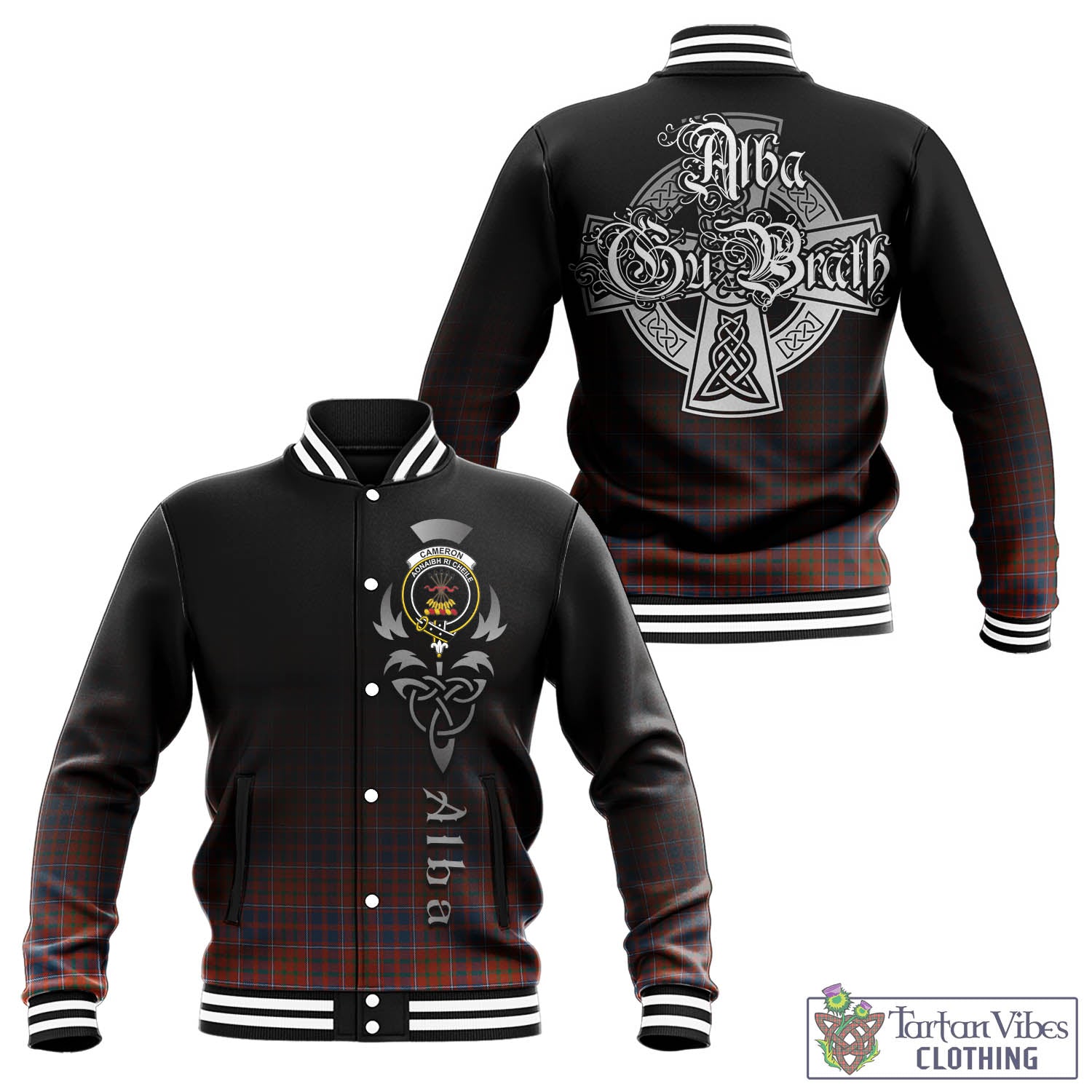 Tartan Vibes Clothing Cameron of Lochiel Ancient Tartan Baseball Jacket Featuring Alba Gu Brath Family Crest Celtic Inspired