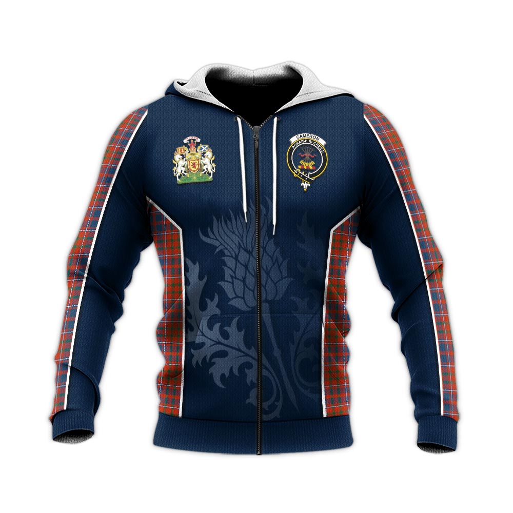 Tartan Vibes Clothing Cameron of Lochiel Ancient Tartan Knitted Hoodie with Family Crest and Scottish Thistle Vibes Sport Style