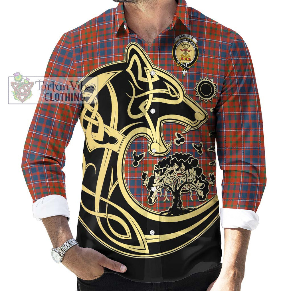 Cameron of Lochiel Ancient Tartan Long Sleeve Button Shirt with Family Crest Celtic Wolf Style - Tartan Vibes Clothing