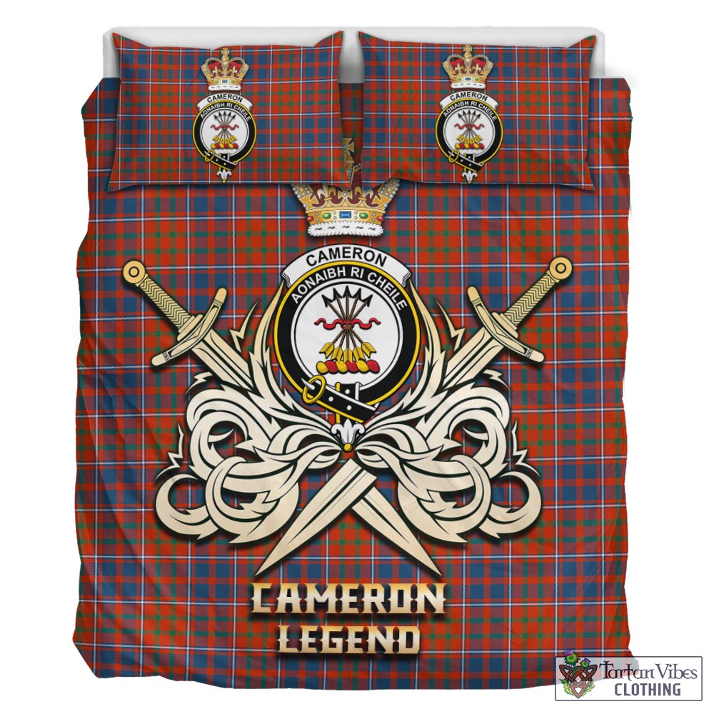 Tartan Vibes Clothing Cameron of Lochiel Ancient Tartan Bedding Set with Clan Crest and the Golden Sword of Courageous Legacy