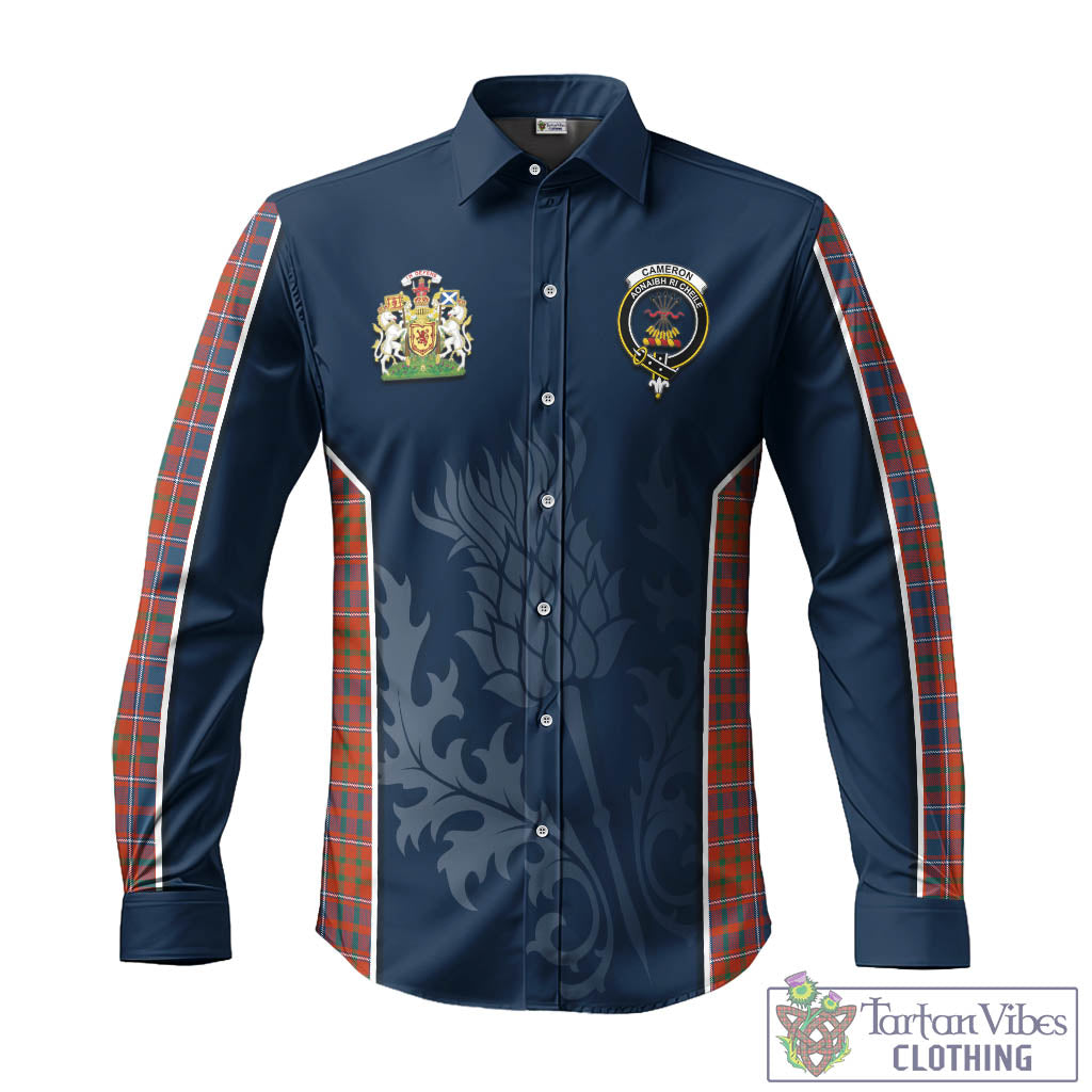 Tartan Vibes Clothing Cameron of Lochiel Ancient Tartan Long Sleeve Button Up Shirt with Family Crest and Scottish Thistle Vibes Sport Style