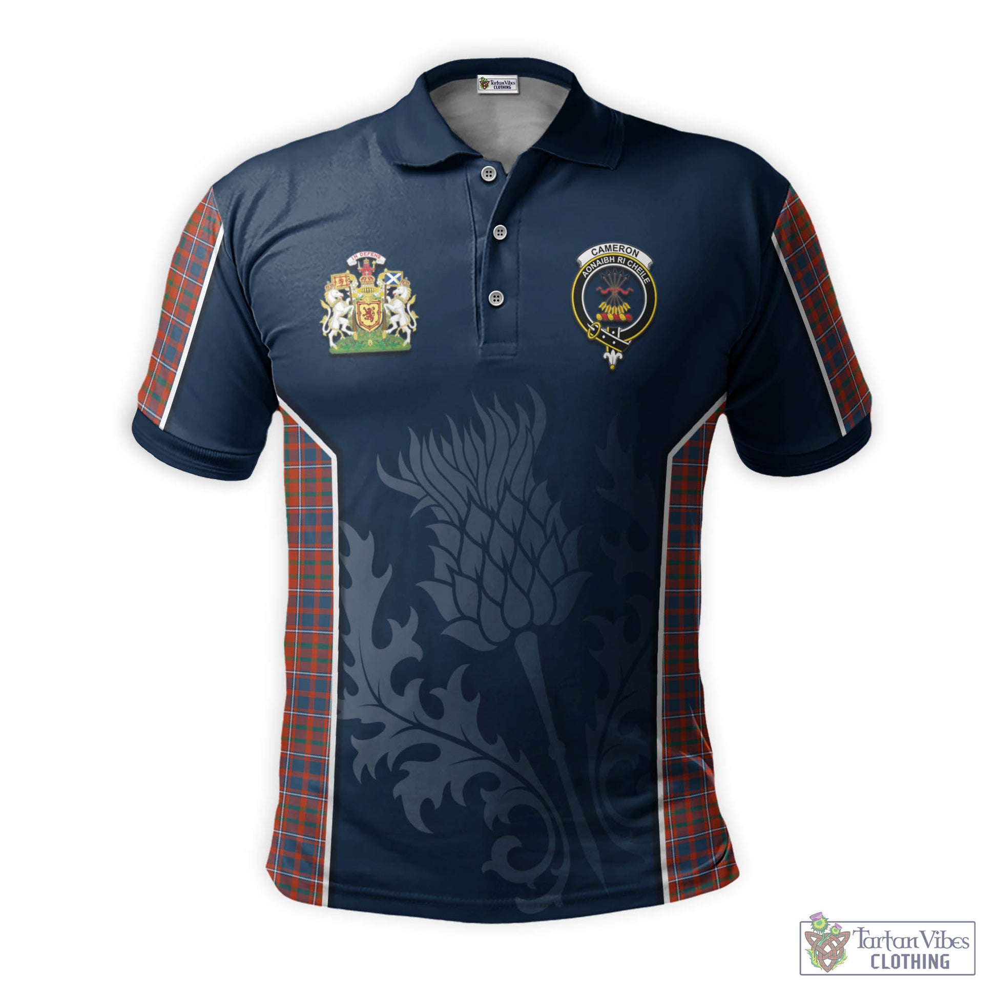 Tartan Vibes Clothing Cameron of Lochiel Ancient Tartan Men's Polo Shirt with Family Crest and Scottish Thistle Vibes Sport Style