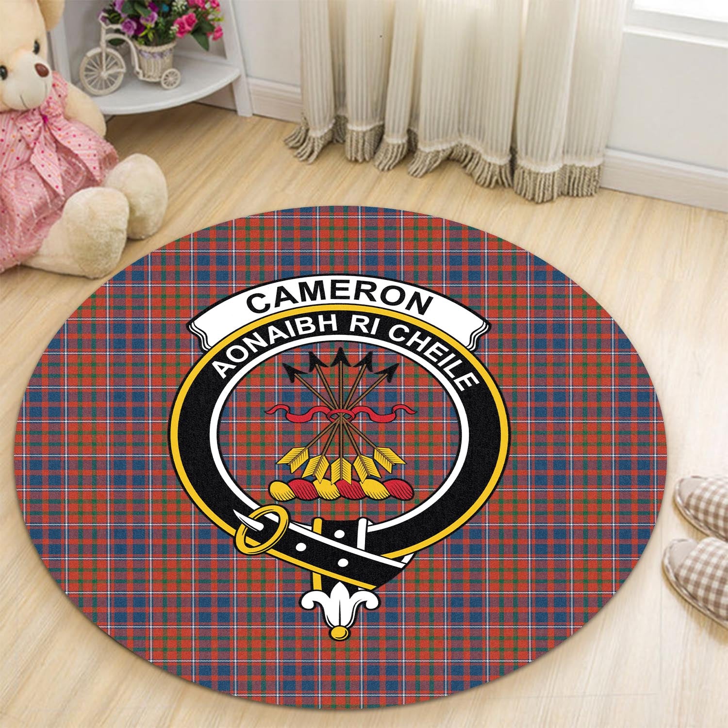 Cameron of Lochiel Ancient Tartan Round Rug with Family Crest - Tartanvibesclothing