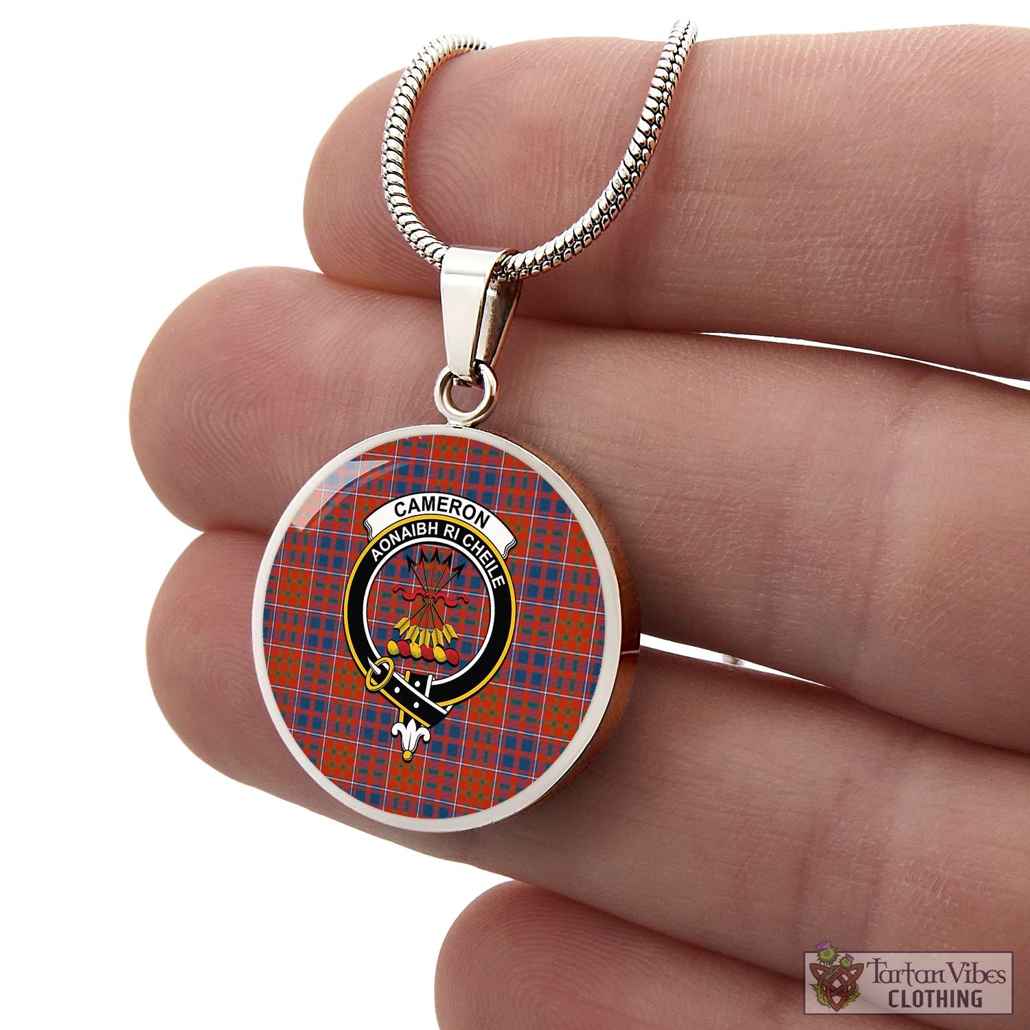 Tartan Vibes Clothing Cameron of Lochiel Ancient Tartan Circle Necklace with Family Crest