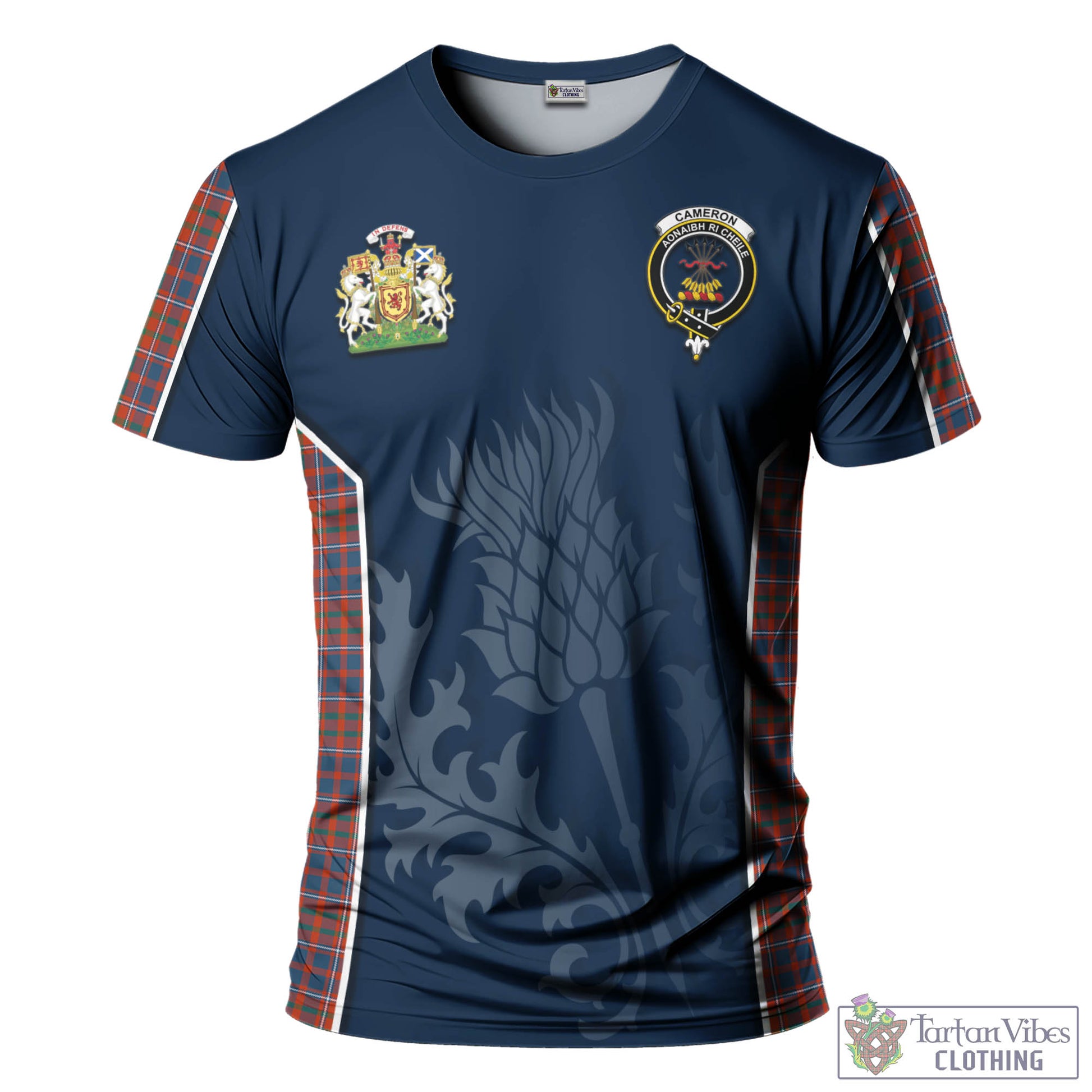 Tartan Vibes Clothing Cameron of Lochiel Ancient Tartan T-Shirt with Family Crest and Scottish Thistle Vibes Sport Style