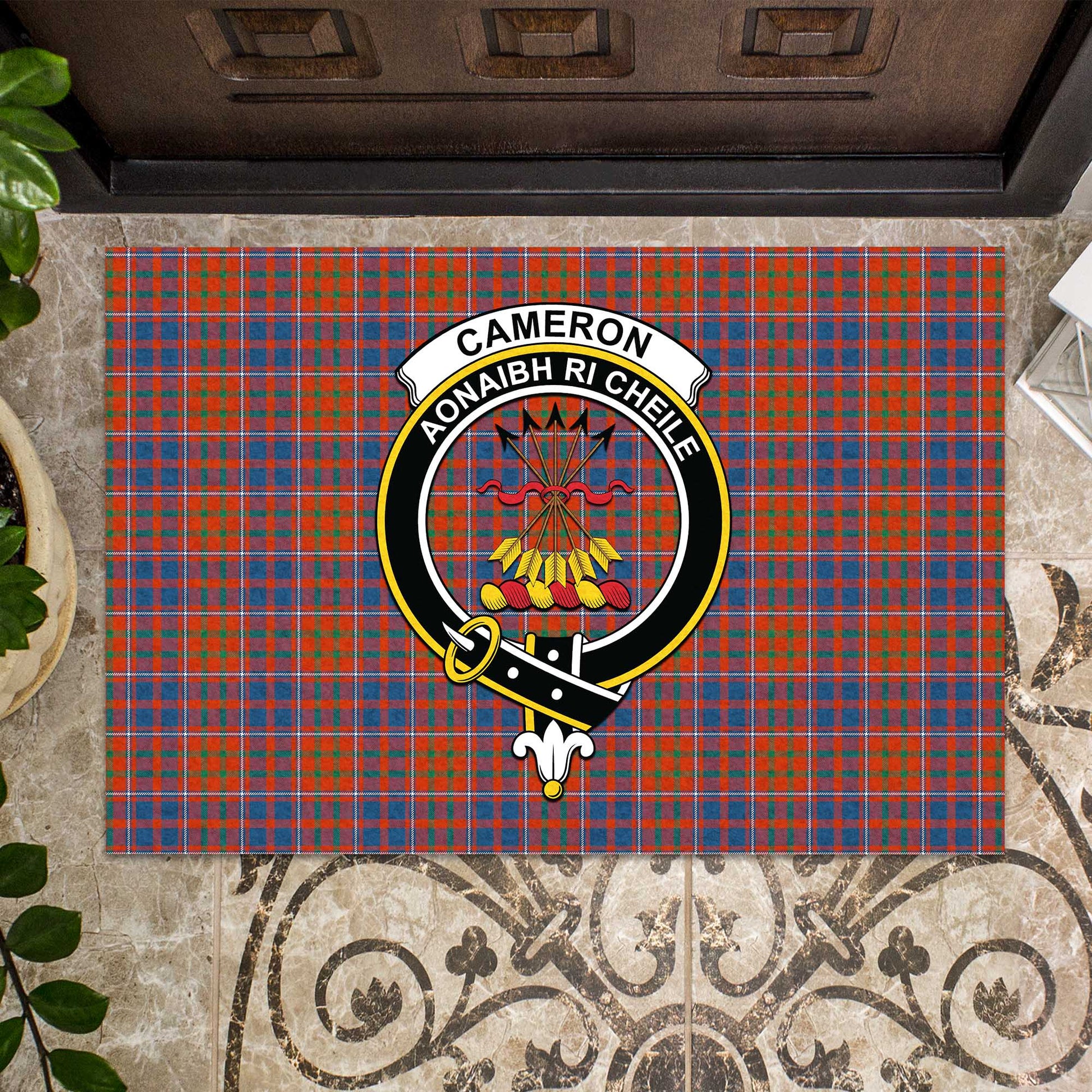 Cameron of Lochiel Ancient Tartan Door Mat with Family Crest - Tartanvibesclothing