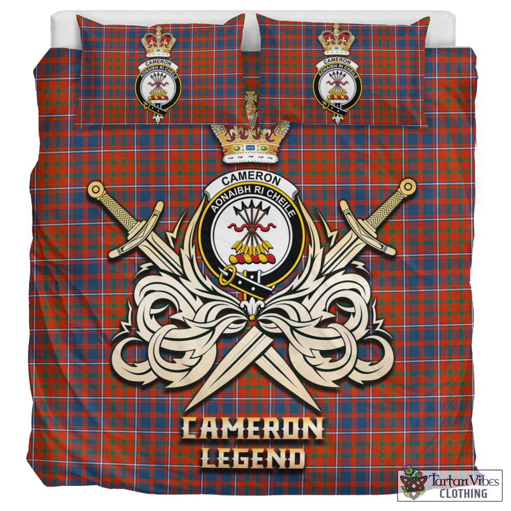 Tartan Vibes Clothing Cameron of Lochiel Ancient Tartan Bedding Set with Clan Crest and the Golden Sword of Courageous Legacy