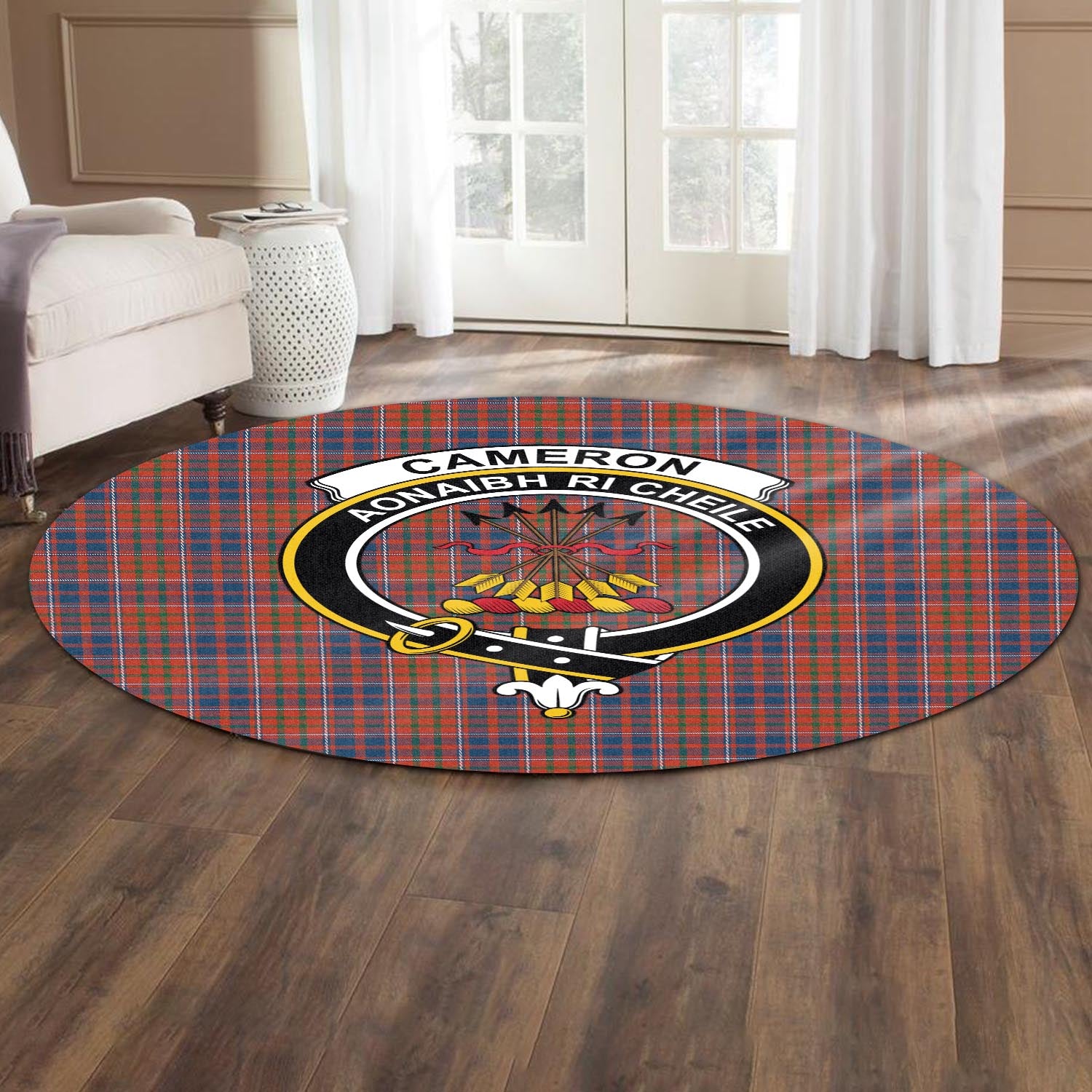 Cameron of Lochiel Ancient Tartan Round Rug with Family Crest - Tartanvibesclothing