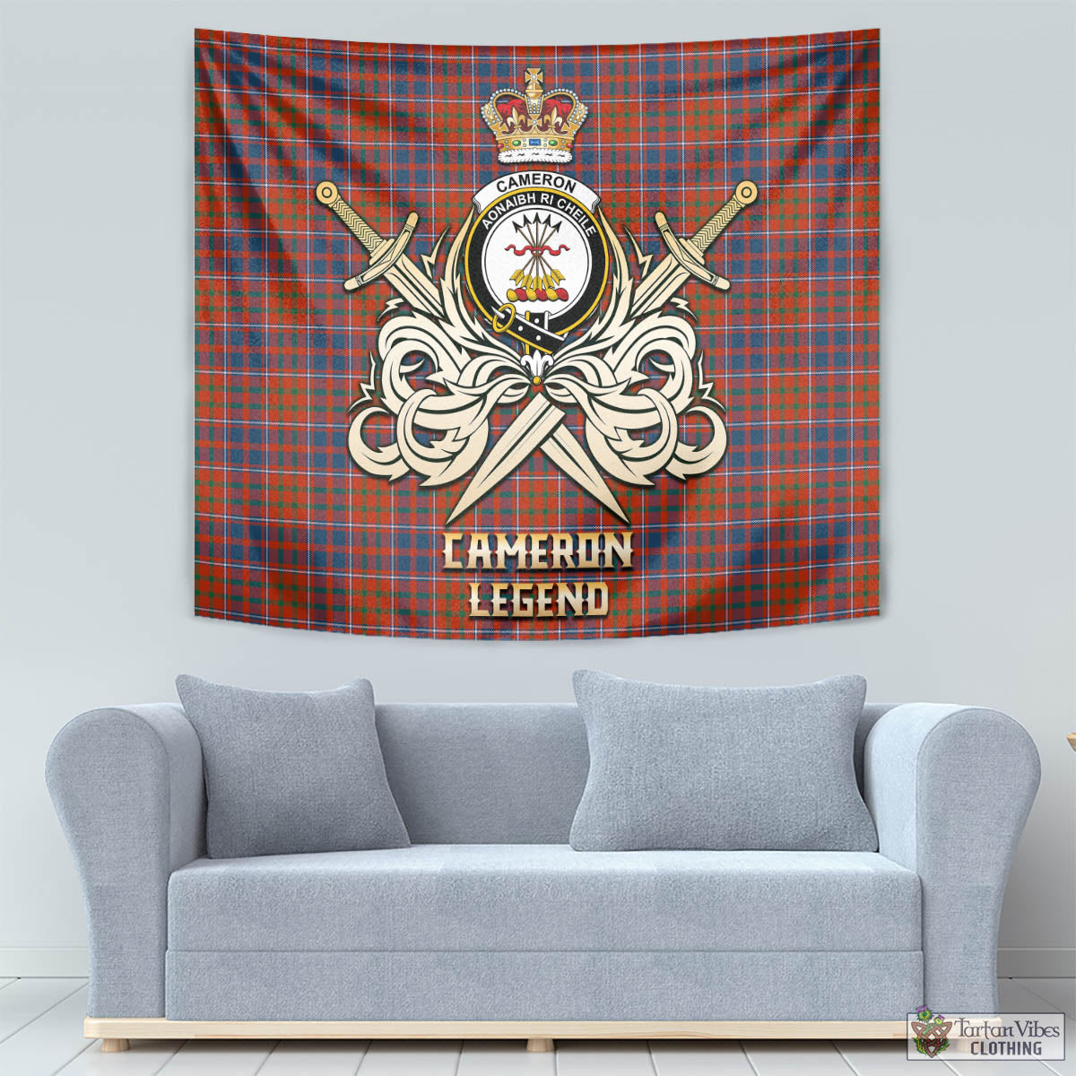 Tartan Vibes Clothing Cameron of Lochiel Ancient Tartan Tapestry with Clan Crest and the Golden Sword of Courageous Legacy