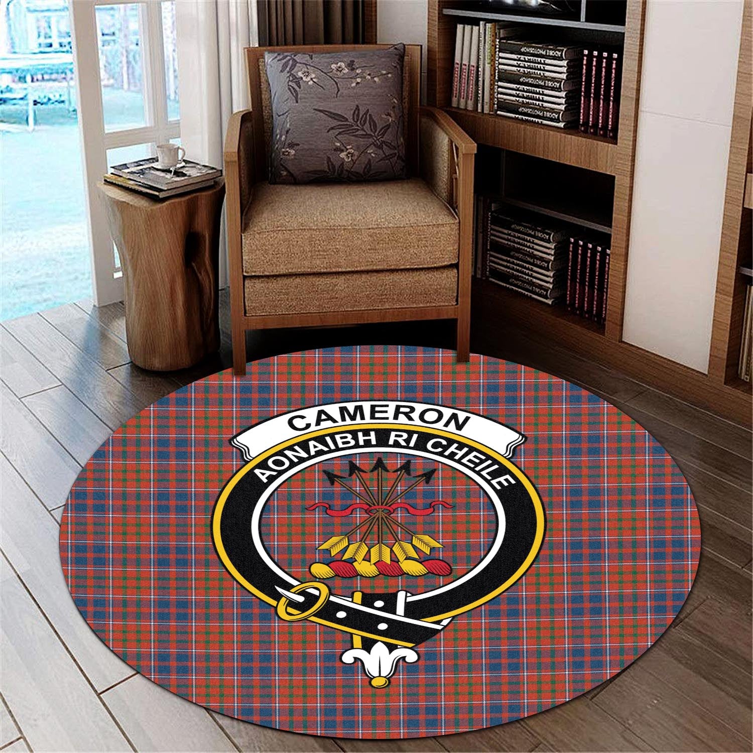 Cameron of Lochiel Ancient Tartan Round Rug with Family Crest - Tartanvibesclothing