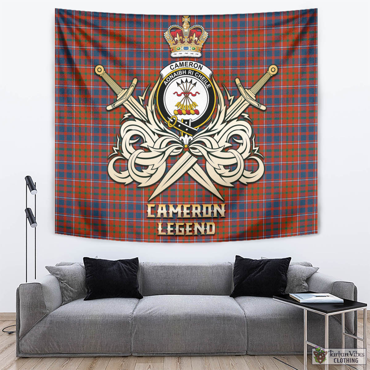 Tartan Vibes Clothing Cameron of Lochiel Ancient Tartan Tapestry with Clan Crest and the Golden Sword of Courageous Legacy