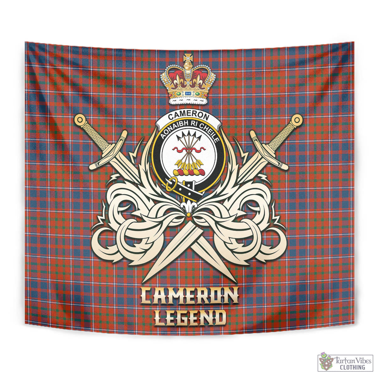 Tartan Vibes Clothing Cameron of Lochiel Ancient Tartan Tapestry with Clan Crest and the Golden Sword of Courageous Legacy