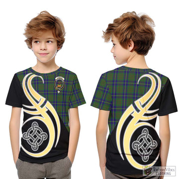 Cameron of Lochiel Hunting Tartan Kid T-Shirt with Family Crest and Celtic Symbol Style