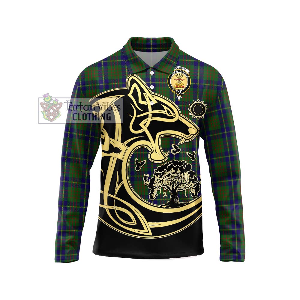 Cameron of Lochiel Hunting Tartan Long Sleeve Polo Shirt with Family Crest Celtic Wolf Style Unisex - Tartanvibesclothing Shop