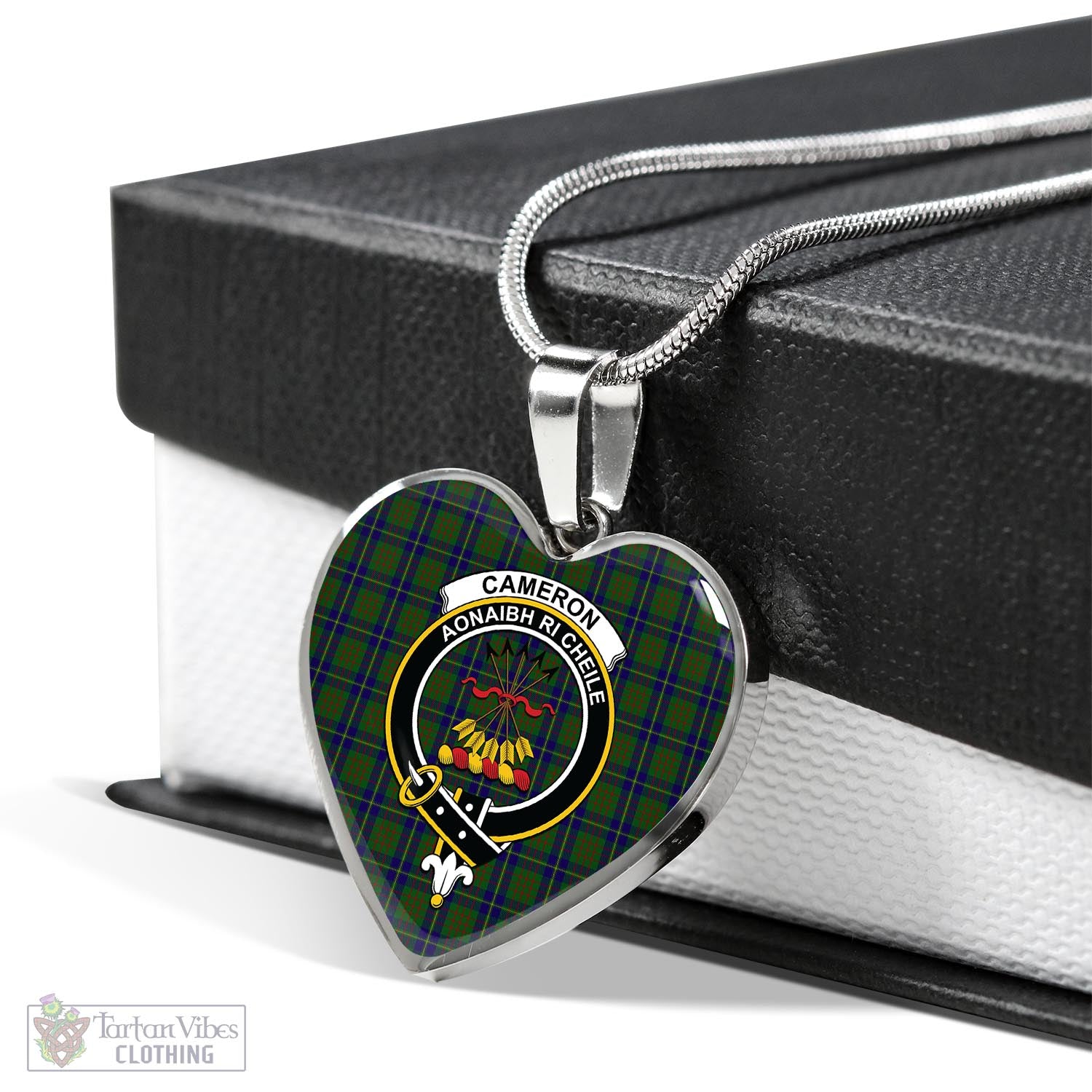 Tartan Vibes Clothing Cameron of Lochiel Hunting Tartan Heart Necklace with Family Crest