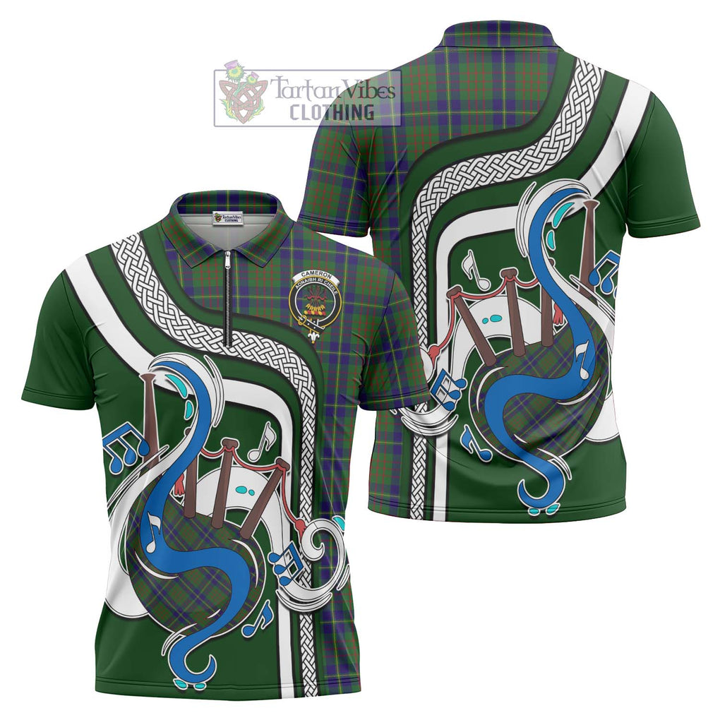 Cameron of Lochiel Hunting Tartan Zipper Polo Shirt with Epic Bagpipe Style Unisex - Tartanvibesclothing Shop