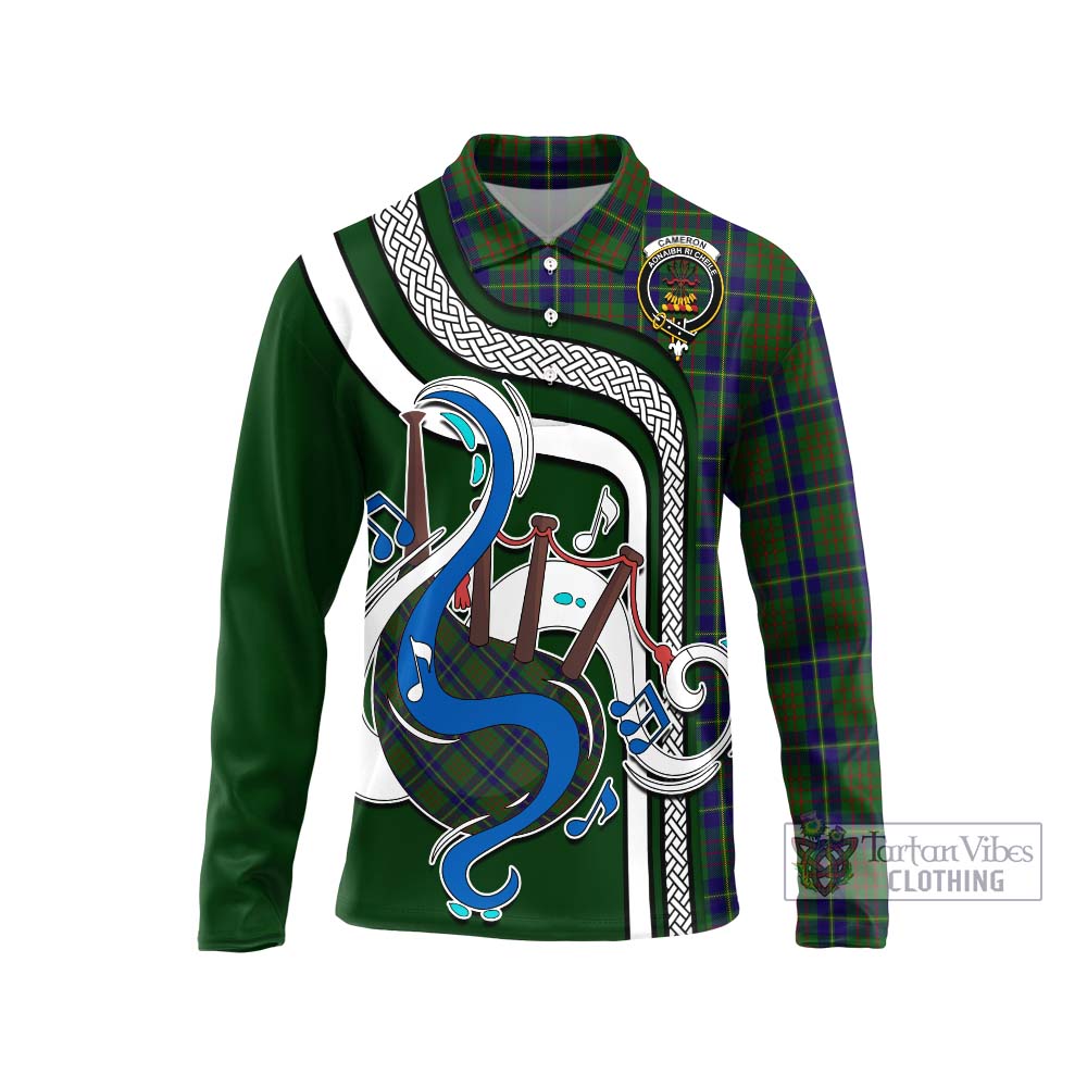 Tartan Vibes Clothing Cameron of Lochiel Hunting Tartan Long Sleeve Polo Shirt with Epic Bagpipe Style