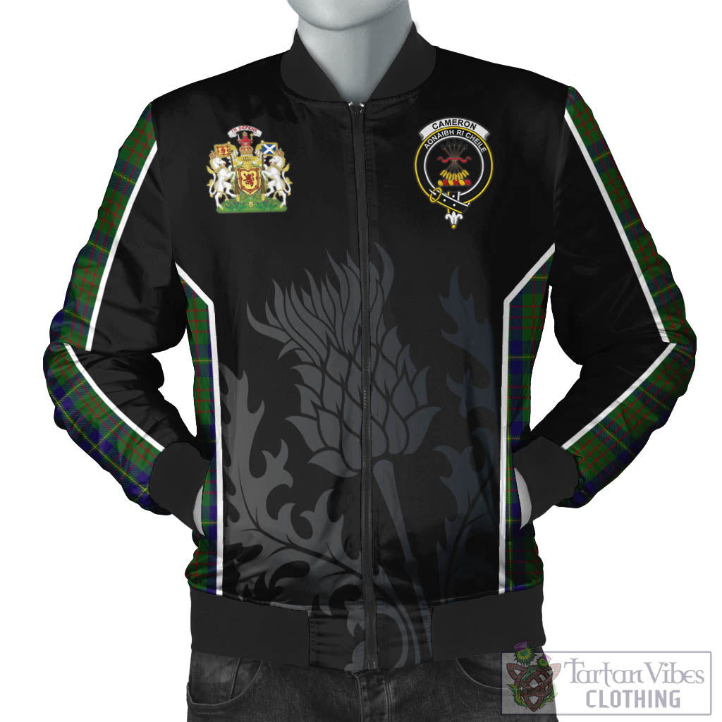 Tartan Vibes Clothing Cameron of Lochiel Hunting Tartan Bomber Jacket with Family Crest and Scottish Thistle Vibes Sport Style