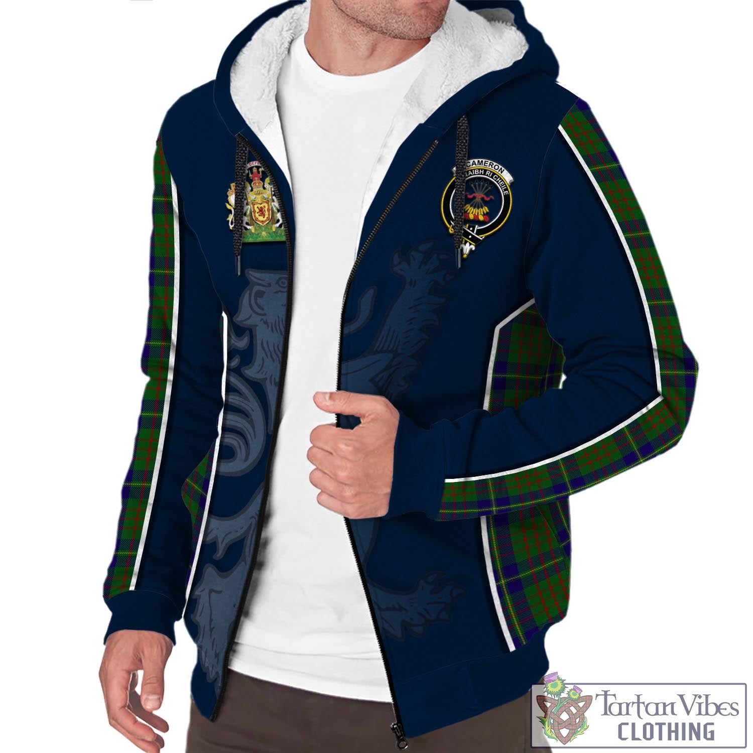 Tartan Vibes Clothing Cameron of Lochiel Hunting Tartan Sherpa Hoodie with Family Crest and Lion Rampant Vibes Sport Style