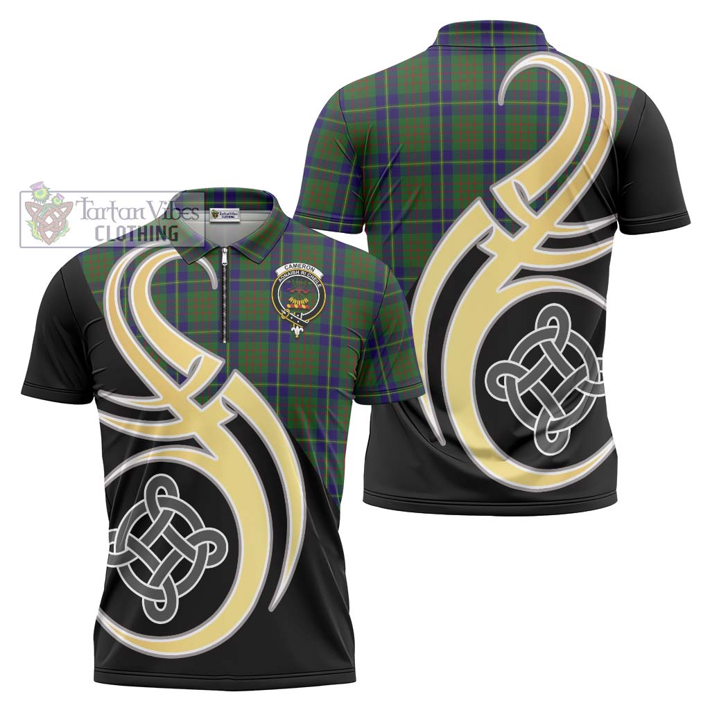 Tartan Vibes Clothing Cameron of Lochiel Hunting Tartan Zipper Polo Shirt with Family Crest and Celtic Symbol Style