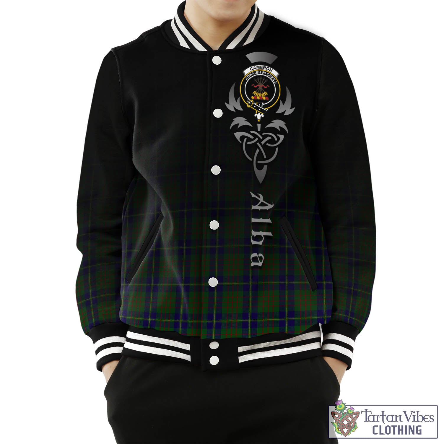 Tartan Vibes Clothing Cameron of Lochiel Hunting Tartan Baseball Jacket Featuring Alba Gu Brath Family Crest Celtic Inspired