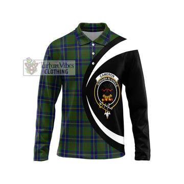 Cameron of Lochiel Hunting Tartan Long Sleeve Polo Shirt with Family Crest Circle Style