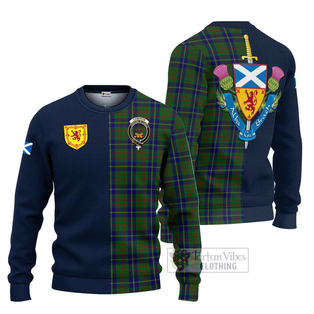 Tartan Vibes Clothing Cameron of Lochiel Hunting Tartan Knitted Sweater with Scottish Lion Royal Arm Half Style