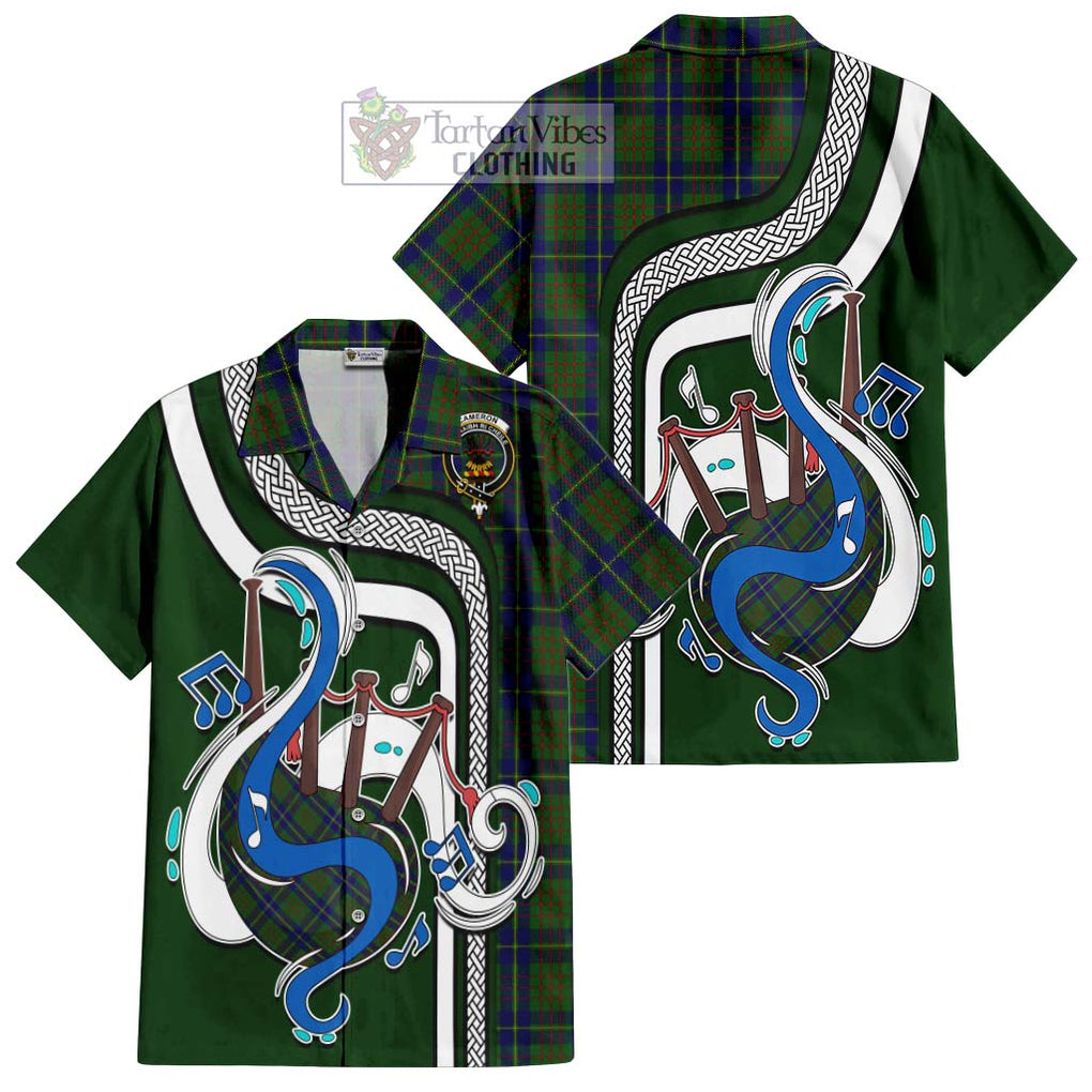 Cameron of Lochiel Hunting Tartan Short Sleeve Button Shirt with Epic Bagpipe Style Kid - Tartanvibesclothing Shop