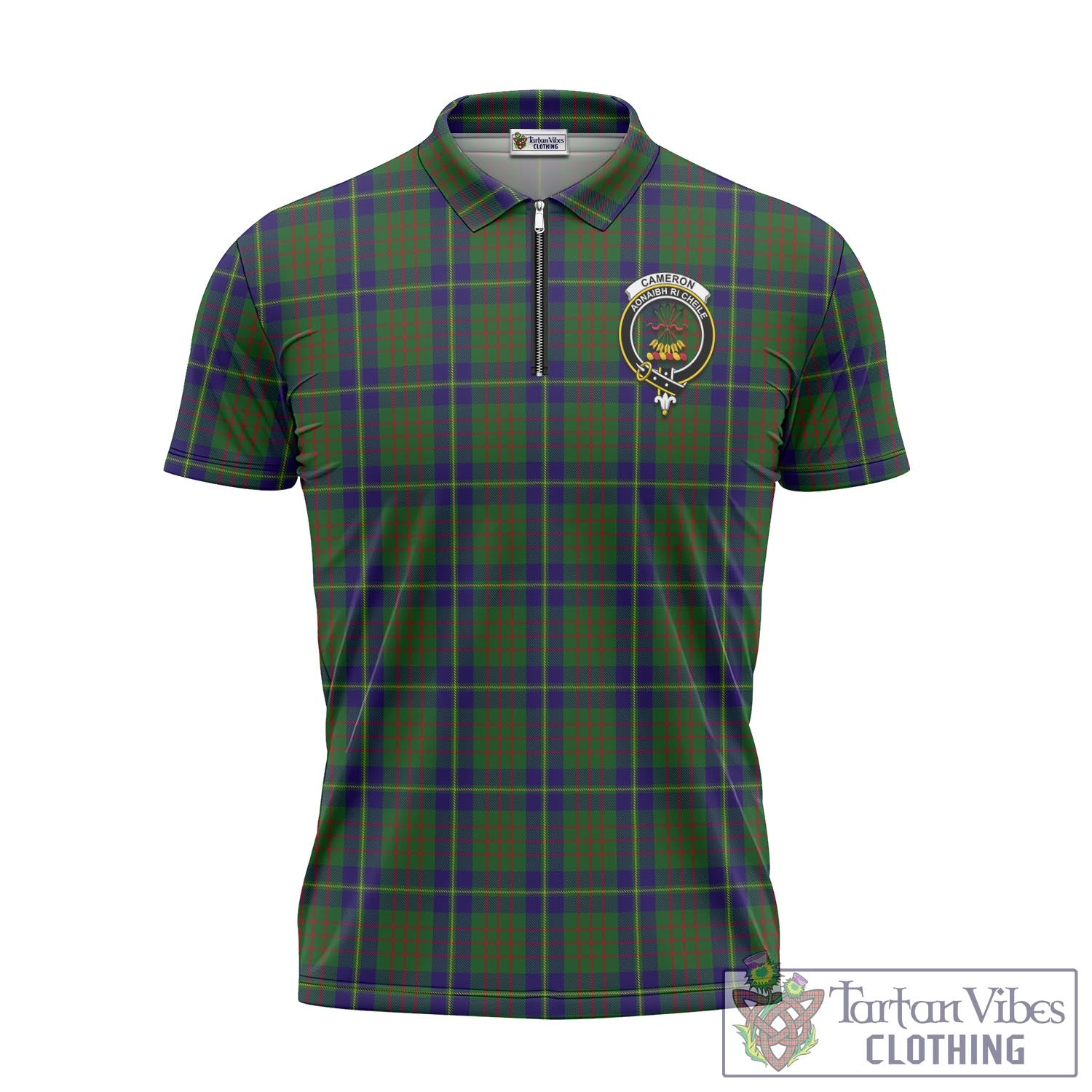 Tartan Vibes Clothing Cameron of Lochiel Hunting Tartan Zipper Polo Shirt with Family Crest