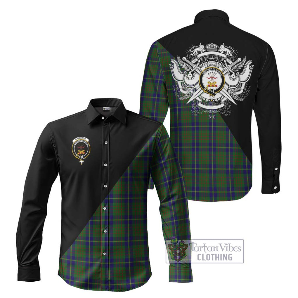 Cameron of Lochiel Hunting Tartan Long Sleeve Button Shirt with Family Crest and Military Logo Style Men's Shirt S - Tartanvibesclothing Shop