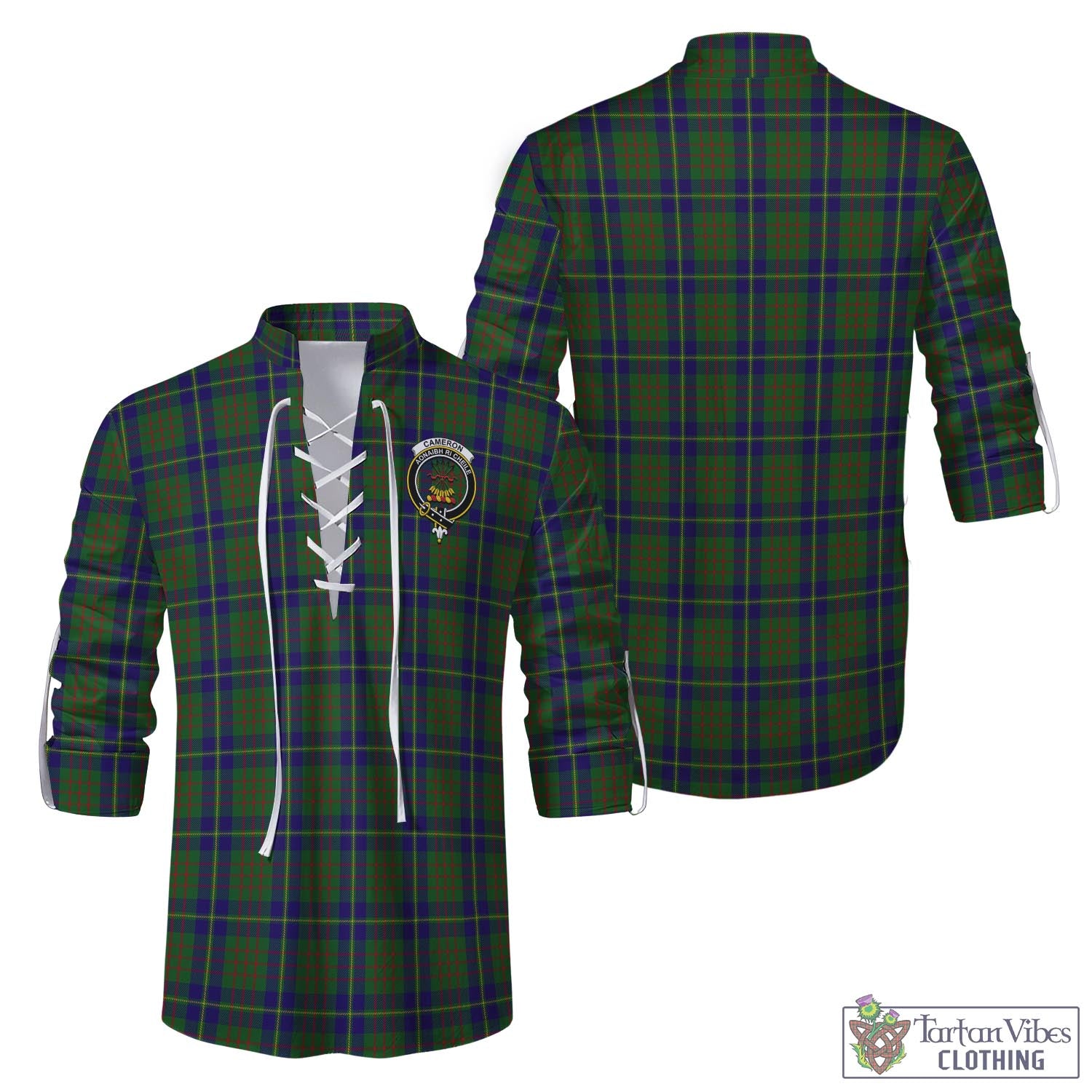 Tartan Vibes Clothing Cameron of Lochiel Hunting Tartan Men's Scottish Traditional Jacobite Ghillie Kilt Shirt with Family Crest