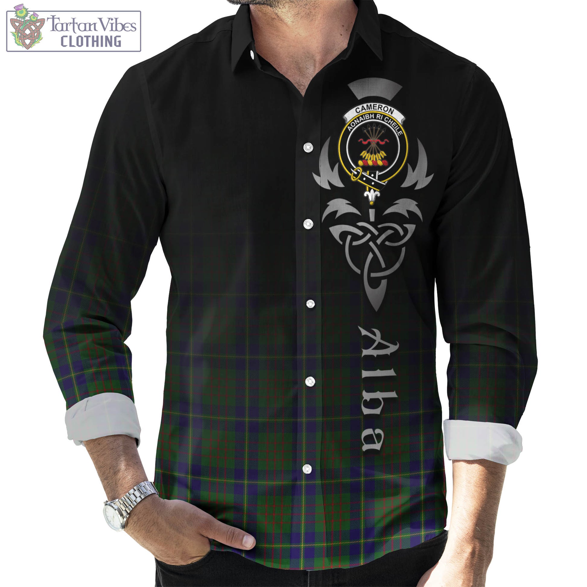 Tartan Vibes Clothing Cameron of Lochiel Hunting Tartan Long Sleeve Button Up Featuring Alba Gu Brath Family Crest Celtic Inspired