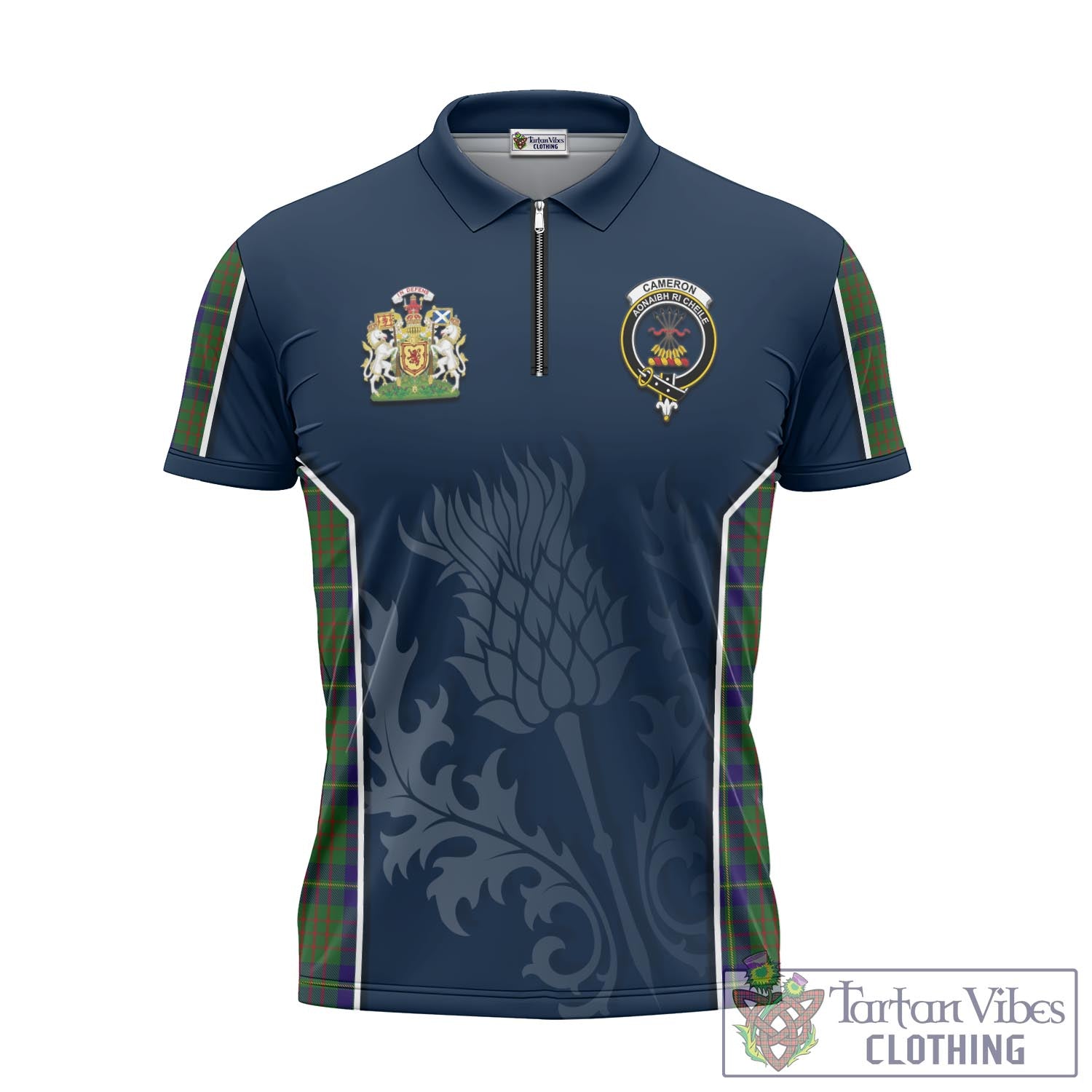 Tartan Vibes Clothing Cameron of Lochiel Hunting Tartan Zipper Polo Shirt with Family Crest and Scottish Thistle Vibes Sport Style