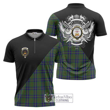 Cameron of Lochiel Hunting Tartan Zipper Polo Shirt with Family Crest and Military Logo Style