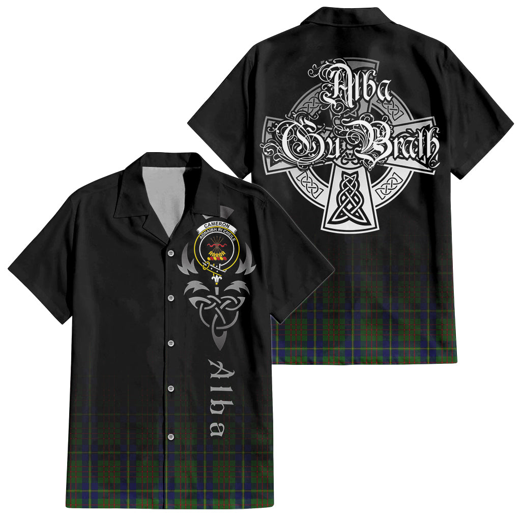 Tartan Vibes Clothing Cameron of Lochiel Hunting Tartan Short Sleeve Button Up Featuring Alba Gu Brath Family Crest Celtic Inspired