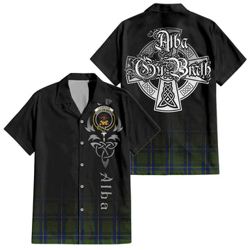 Cameron of Lochiel Hunting Tartan Short Sleeve Button Up Shirt Featuring Alba Gu Brath Family Crest Celtic Inspired