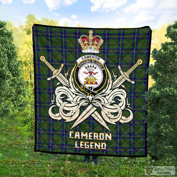 Cameron of Lochiel Hunting Tartan Quilt with Clan Crest and the Golden Sword of Courageous Legacy