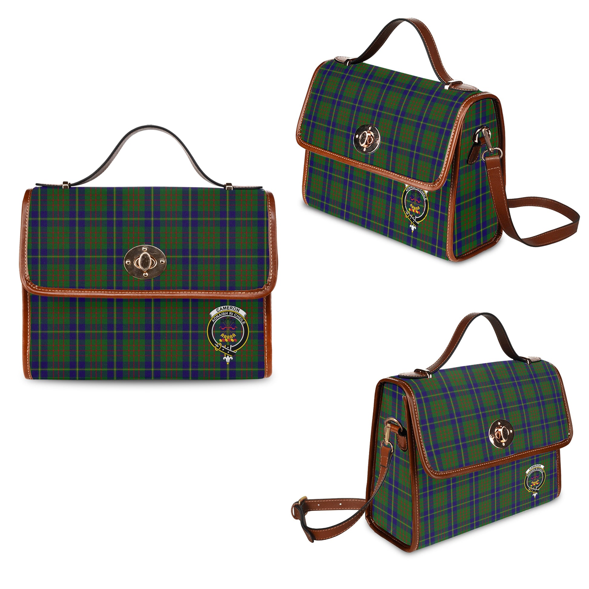 cameron-of-lochiel-hunting-tartan-leather-strap-waterproof-canvas-bag-with-family-crest