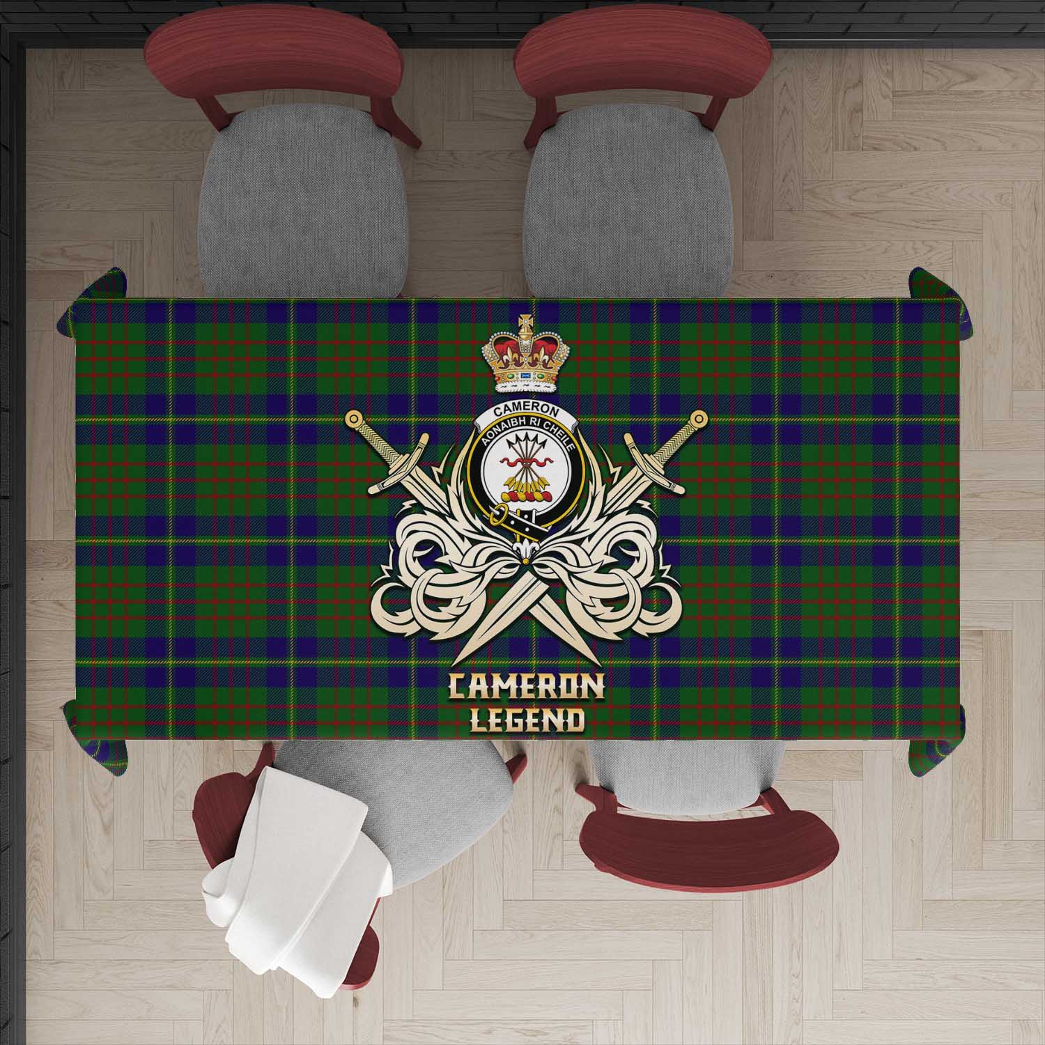 Tartan Vibes Clothing Cameron of Lochiel Hunting Tartan Tablecloth with Clan Crest and the Golden Sword of Courageous Legacy