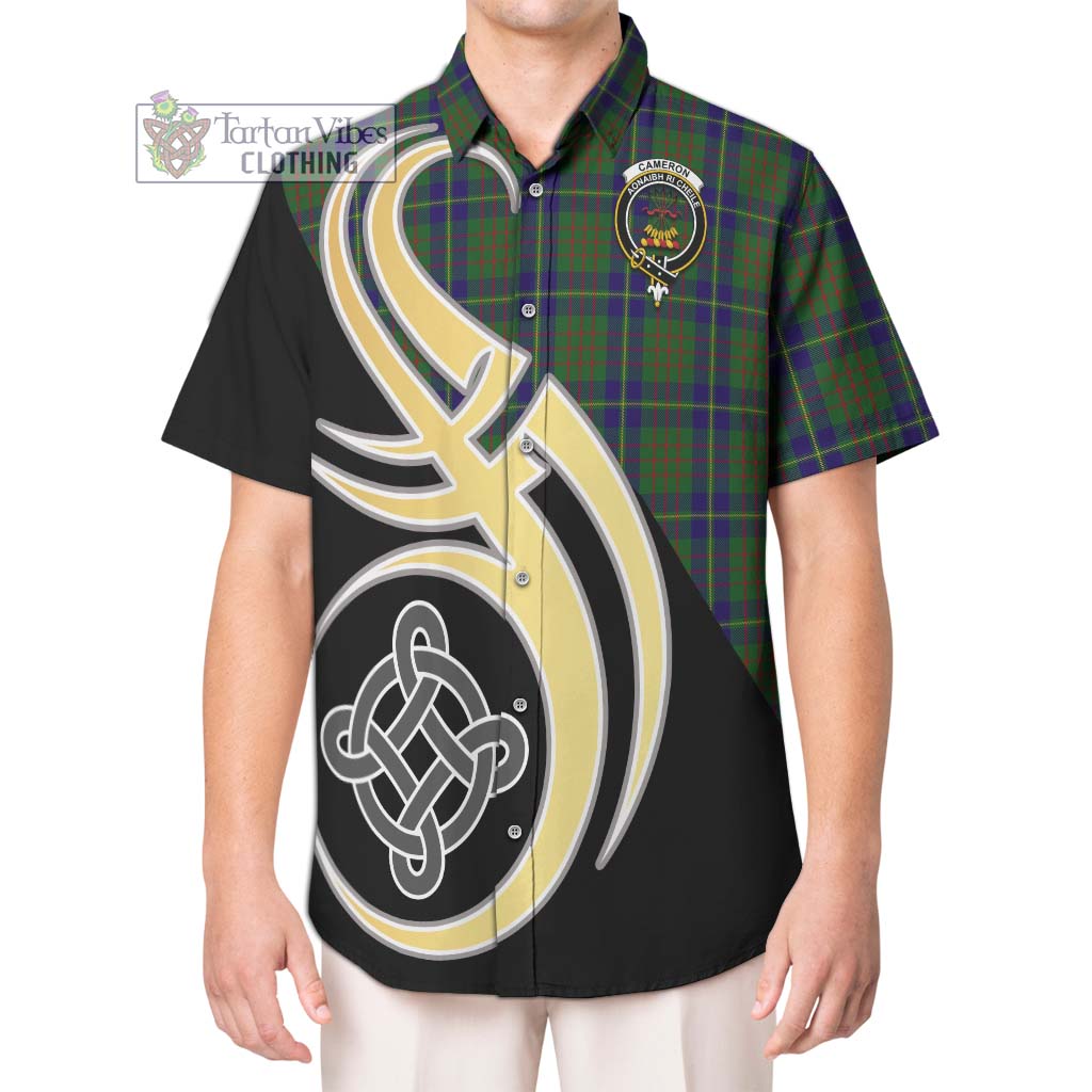 Cameron of Lochiel Hunting Tartan Short Sleeve Button Shirt with Family Crest and Celtic Symbol Style Kid - Tartan Vibes Clothing