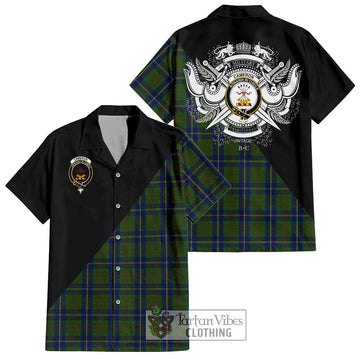 Cameron of Lochiel Hunting Tartan Short Sleeve Button Shirt with Family Crest and Military Logo Style