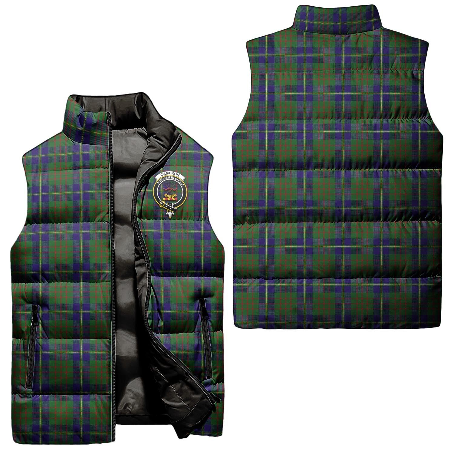 Cameron of Lochiel Hunting Tartan Sleeveless Puffer Jacket with Family Crest Unisex - Tartanvibesclothing