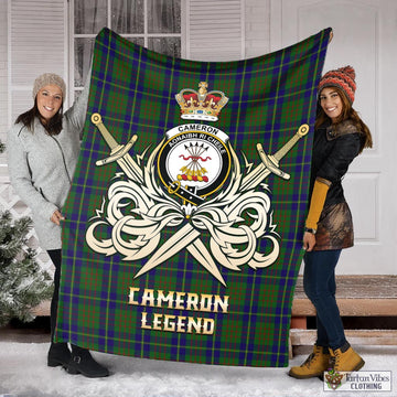 Cameron of Lochiel Hunting Tartan Blanket with Clan Crest and the Golden Sword of Courageous Legacy