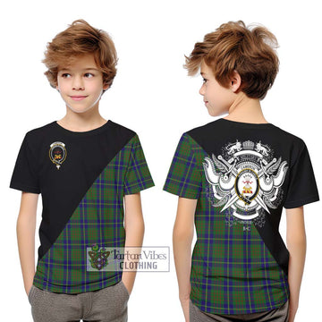 Cameron of Lochiel Hunting Tartan Kid T-Shirt with Family Crest and Military Logo Style