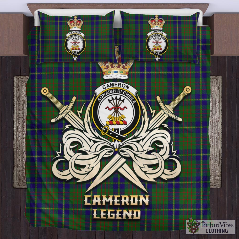 Tartan Vibes Clothing Cameron of Lochiel Hunting Tartan Bedding Set with Clan Crest and the Golden Sword of Courageous Legacy