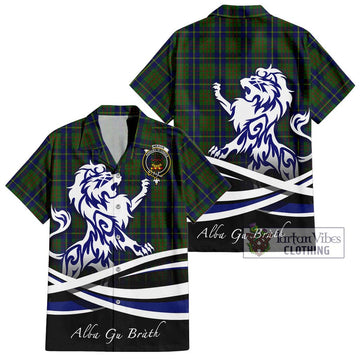 Cameron of Lochiel Hunting Tartan Short Sleeve Button Shirt with Alba Gu Brath Regal Lion Emblem